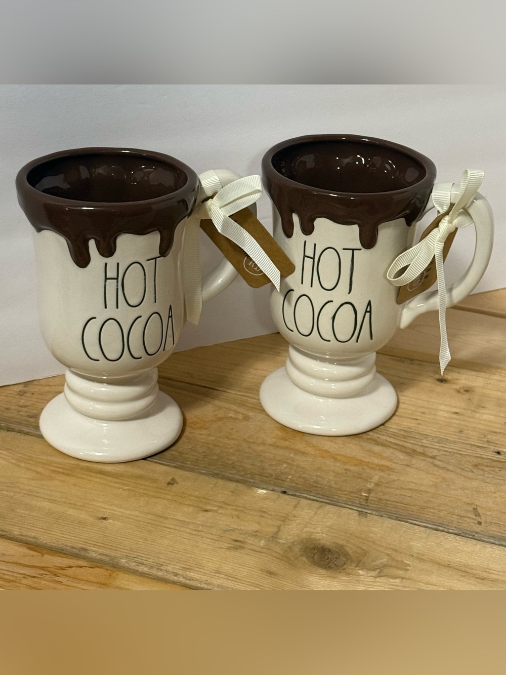Rae Dunn Cream Pedestal Mug with Brown Drip "HOT COCOA"